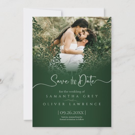 Green Damask Save the Date Card with Custom Photo サンキューカード (正面)