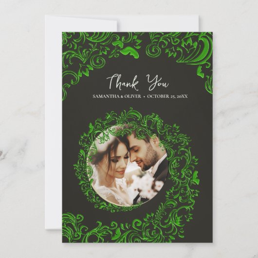 Green Damask Wedding Thank You Photo Card サンキューカード (正面)