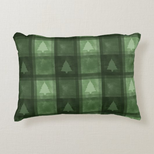 Green Decorative Plaid With Fir Trees Christmas アクセントクッション (正面)