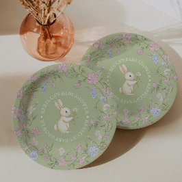 Green Delicate Vintage Floral Bunny Baby Shower ペーパープレート
