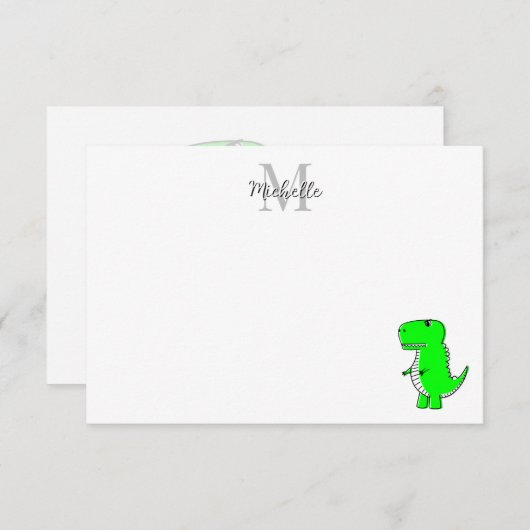 Green Dinosaur Drawing Custom Monogram ノートカード (正面/裏面)