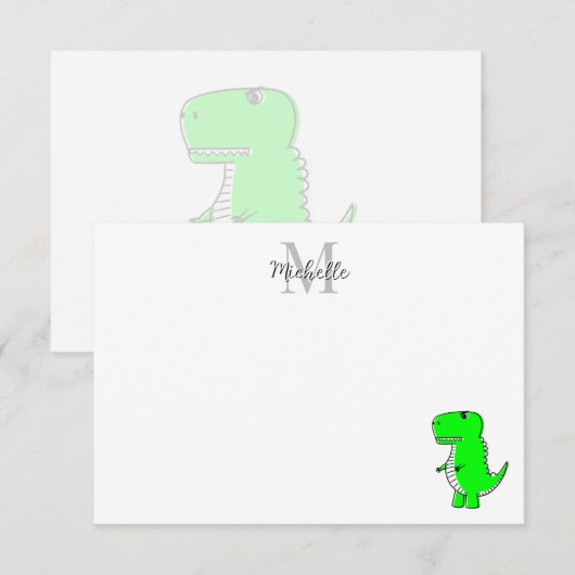 Green Dinosaur Drawing Personalized Monogram ノートカード (正面/裏面)