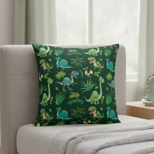 Green Dinosaur Print Decorative Pillow クッション