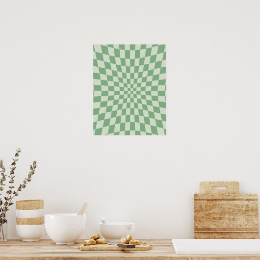 Green Distorted Checkerboard Pattern ポスター (キッチン)