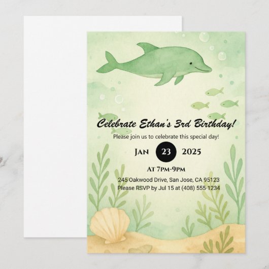 Green Dolphin & Undersea Garden Birthday 招待状 (正面/裏面)