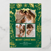 Green Doodle 3 Photo Christmas Gold 箔シーズンカード (正面)