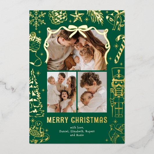 Green Doodle 3 Photo Christmas Gold 箔シーズンカード (正面)