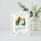 Green Doodles Graduation Save the Date Photo White インビテーションポストカード (スタンド正面)