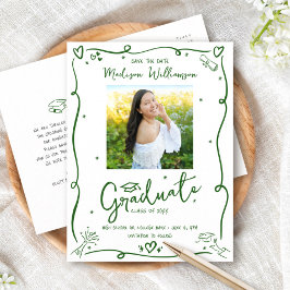 Green Doodles Graduation Save the Date Photo White インビテーションポストカード