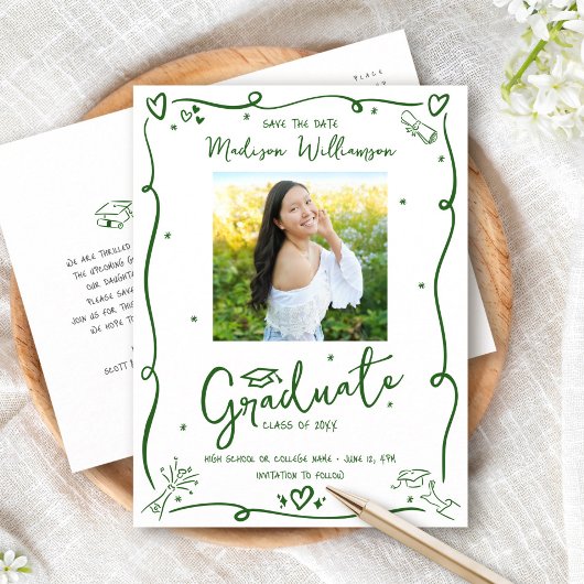 Green Doodles Graduation Save the Date Photo White インビテーションポストカード