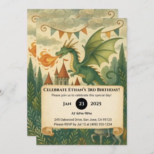 Green Dragon and Knight in Enchanted Birthday 招待状 (正面/裏面)