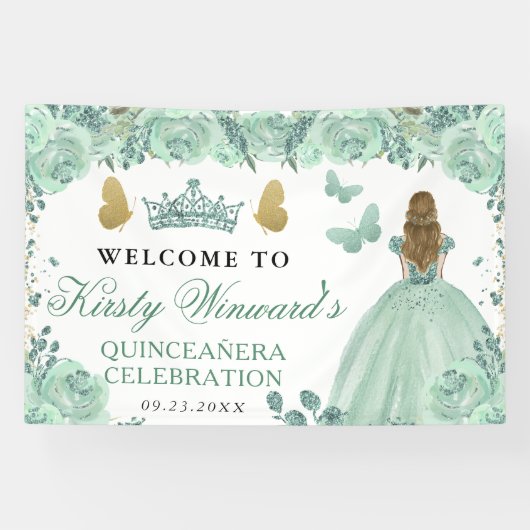 Green Dress Blonde Princess Floral Quinceanera 横断幕 (横)