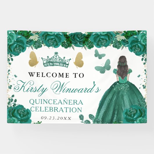 Green Dress Brunette Princess Floral Quinceanera 横断幕 (横)