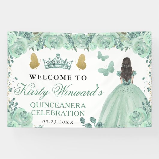 Green Dress Brunette Princess Floral Quinceanera 横断幕 (横)