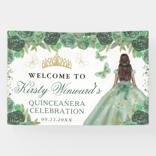 Green Dress Dark Skin Princess Floral Quinceanera 横断幕 (横)