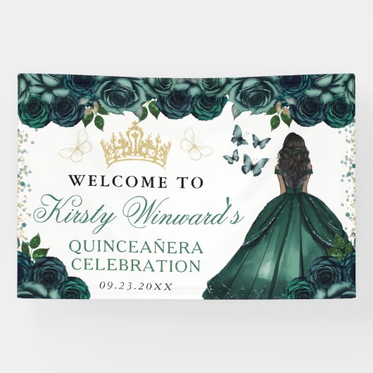 Green Dress Dark Skin Princess Floral Quinceanera 横断幕 (横)