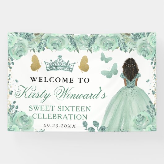 Green Dress Dark Skin Princess Floral Sweet 16 横断幕 (横)