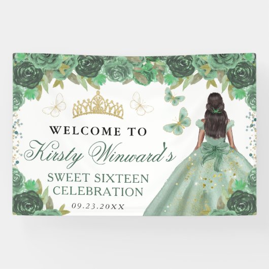 Green Dress Dark Skin Princess Floral Sweet 16 横断幕 (横)