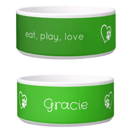 Green 'eat, play, love' Dog Name Bowl ボウル