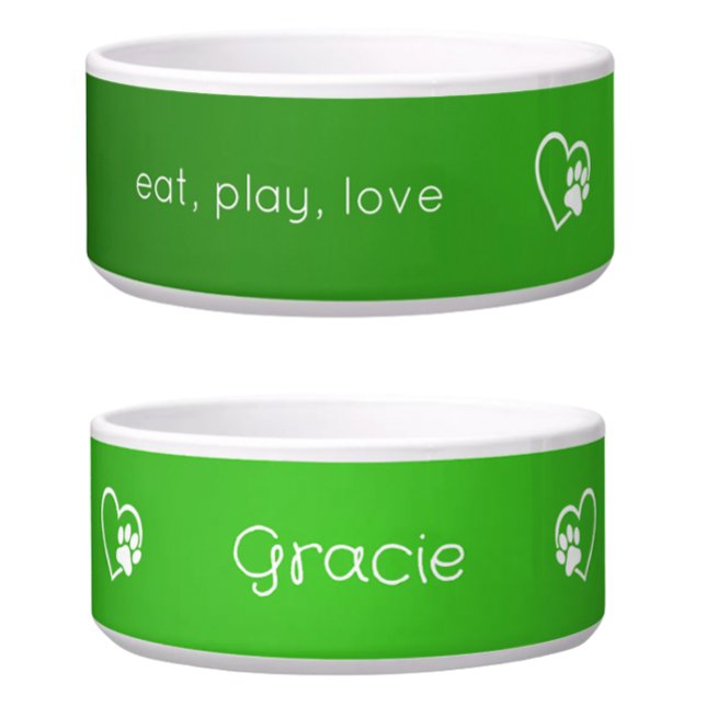 Green 'eat, play, love' Dog Name Bowl ボウル (クリエイターアップロード済み)