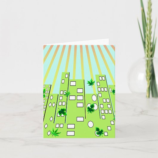 Green Eco City Skyline with Floating Leaves カード