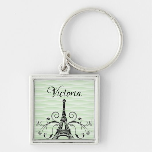 Green Eiffel Tower Flourish Square Keychain キーホルダー (正面)