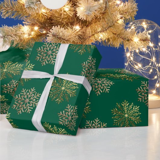 Green Elegant Gold Snowflakes Pattern New Year ラッピングペーパー (クリスマス)