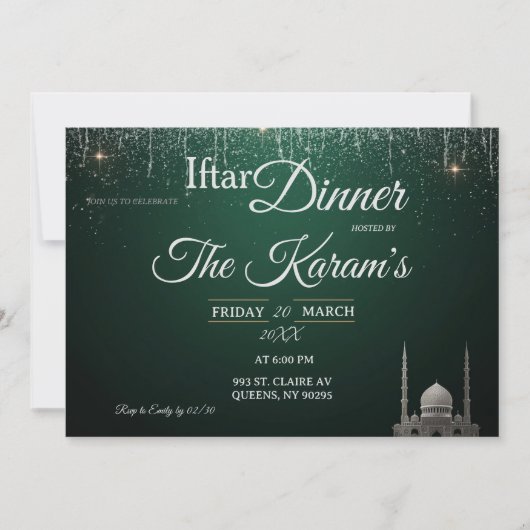Green Elegant Mosque Ramadan Iftar Party Invit 招待状 (正面)