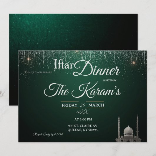 Green Elegant Mosque Ramadan Iftar Party  Invit 招待状 (正面/裏面)