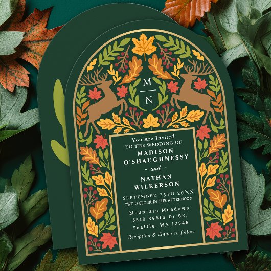 Green Enchanted Woodland Deer Arch Wedding 招待状