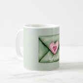 Green Envelope Pink Love Heart コーヒーマグカップ (正面左)