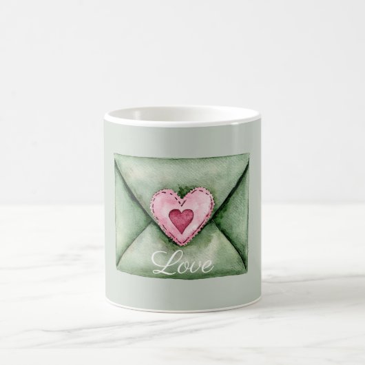 Green Envelope Pink Love Heart コーヒーマグカップ (中央)