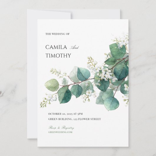 Green Eucalyptus Botanical Boho Watercolor Wedding 招待状 (正面)