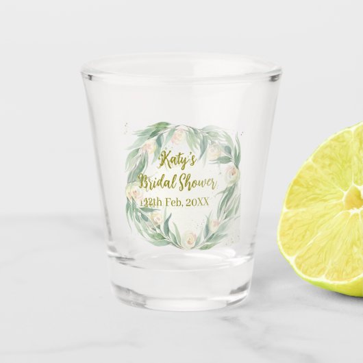 Green eucalyptus floral bridal shower name date go ショットグラス (正面)