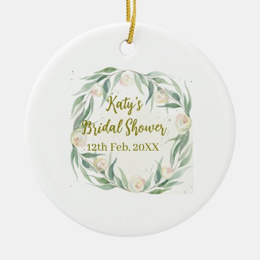 Green eucalyptus floral bridal shower name date go セラミックオーナメント (正面)