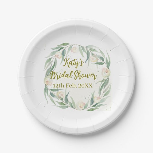 Green eucalyptus floral bridal shower name date go ペーパープレート (正面)