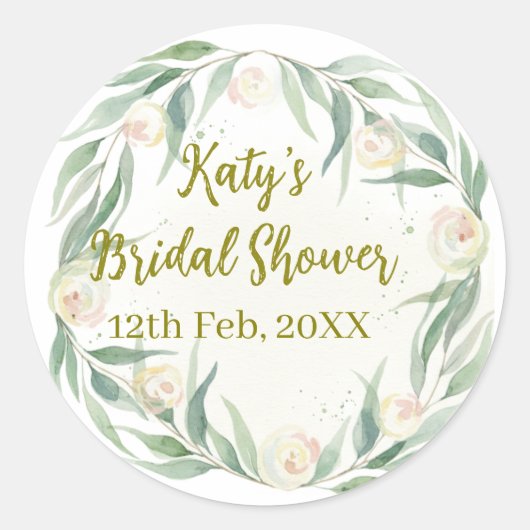Green eucalyptus floral bridal shower name date go ラウンドシール (正面)