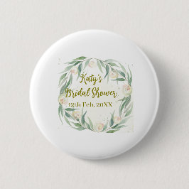 Green eucalyptus floral bridal shower name date go 缶バッジ