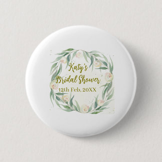 Green eucalyptus floral bridal shower name date go 缶バッジ