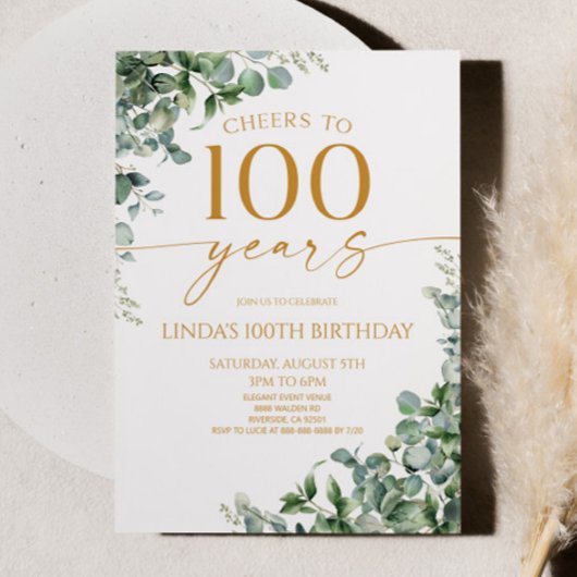 Green Eucalyptus Gold 100th Birthday Party 招待状