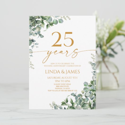 Green Eucalyptus Gold 25th Wedding Anniversary 招待状 (スタンド正面)