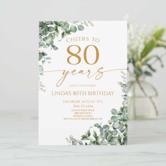 Green Eucalyptus Gold 80th Birthday Party 招待状 (スタンド正面)