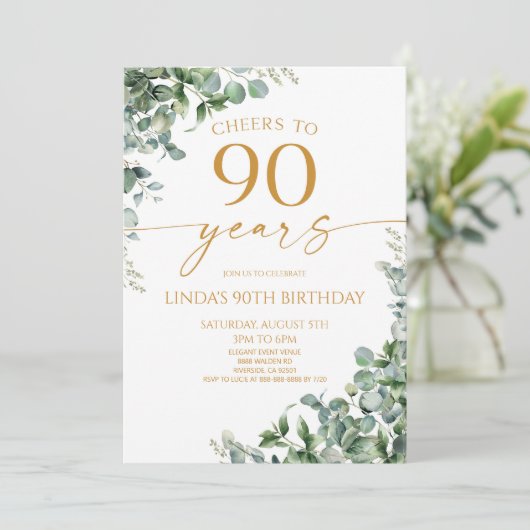 Green Eucalyptus Gold 90th Birthday Party 招待状 (スタンド正面)