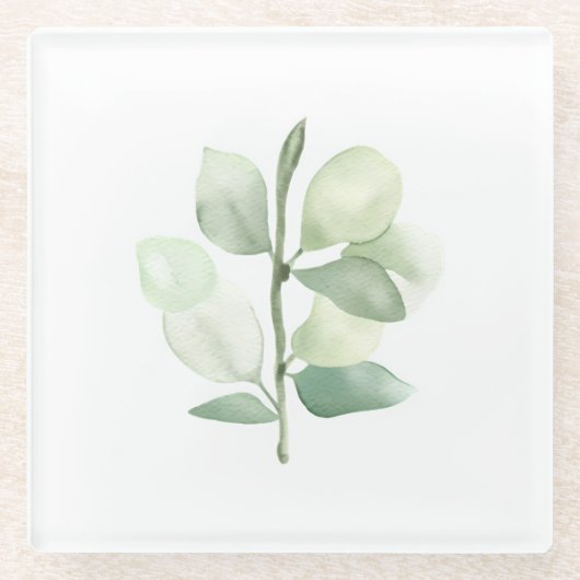 Green Eucalyptus Leaves, delicate pastel decor ガラスコースター (正面)