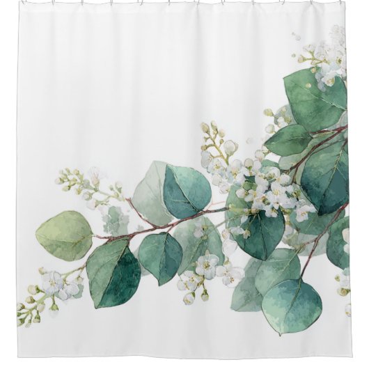 Green Eucalyptus Pastel Floral Whimsical Botanical シャワーカーテン (正面)