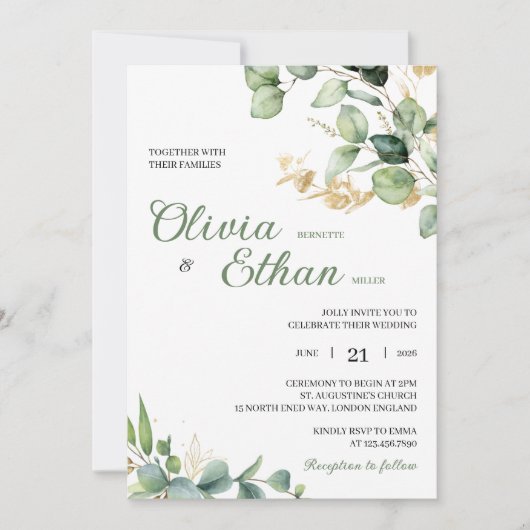 Green Eucalyptus Watercolor Botanical Wedding 招待状 (正面)