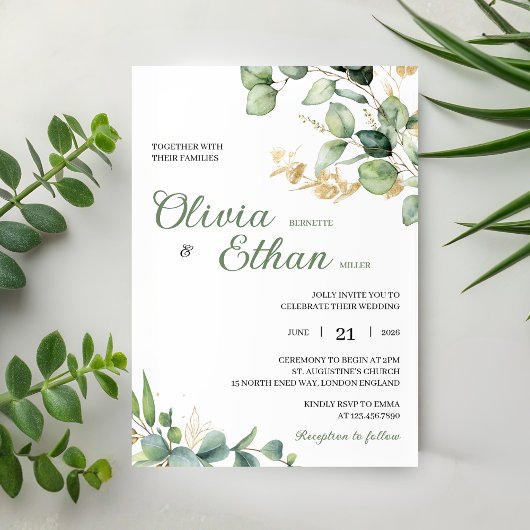 Green Eucalyptus Watercolor Botanical Wedding 招待状