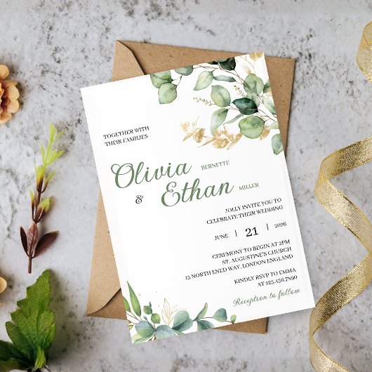 Green Eucalyptus Watercolor Botanical Wedding 招待状