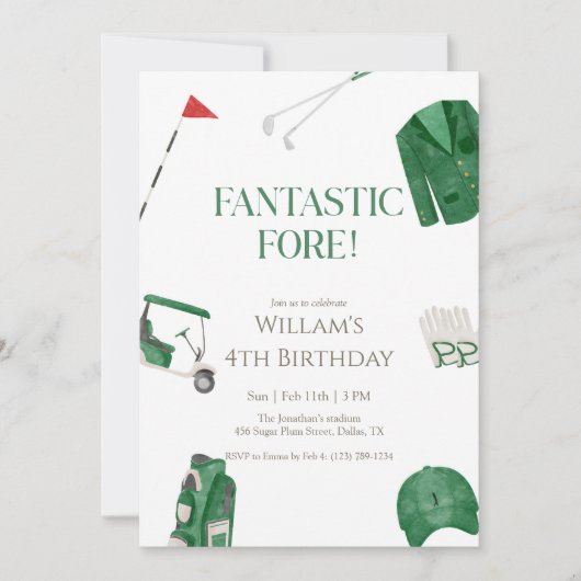 Green Fantastic Fore Preppy Golf Kids Birthday 招待状 (正面)