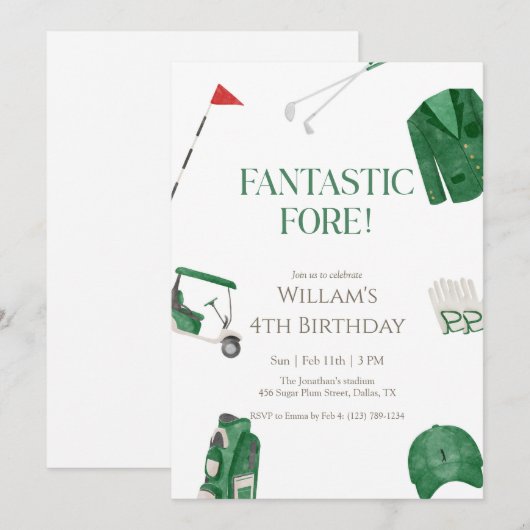 Green Fantastic Fore Preppy Golf Kids Birthday 招待状 (正面/裏面)